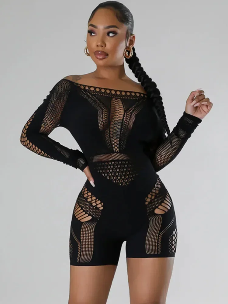 Sexy Mesh Durchsichtig Mitternacht Playsuits Frauen Langarm Aushöhlen Patchwork Dünne Clubwear Strampler Frauen Overall Body