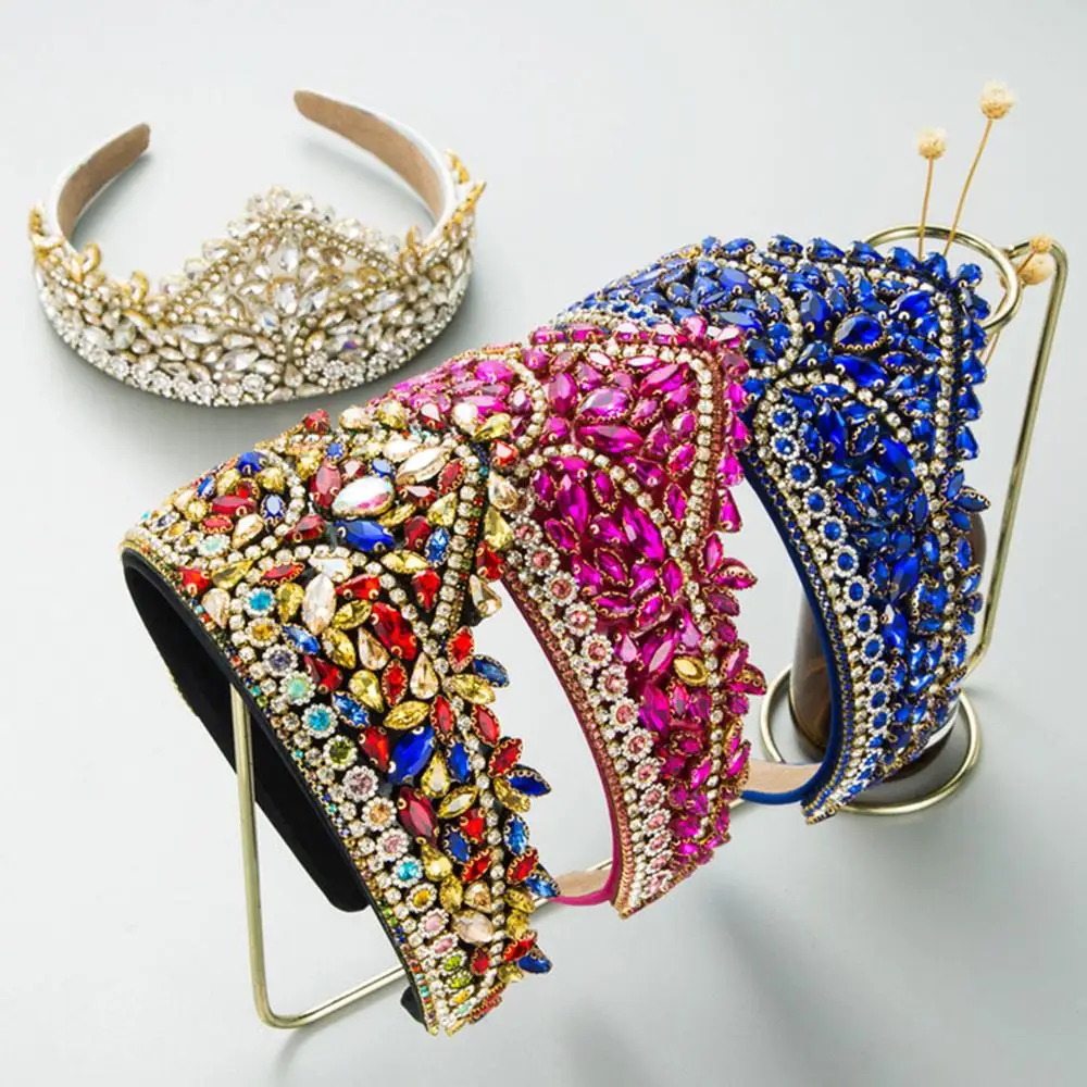 عالية الجودة عقال للرأس على شكل تاج موضة الاتجاه الرجعية حجر الراين واسعة حافة الشعر هوب متعدد الألوان الزجاج الكريستال الساطع الإسفنج رئيس هوب