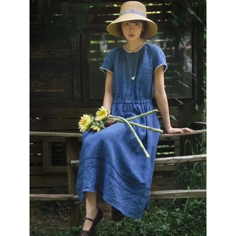 Damska sukienka maxi w kratkę z krótkim rękawem, falbankami, elastyczną talią, codzienna letnia sukienka w stylu boho.