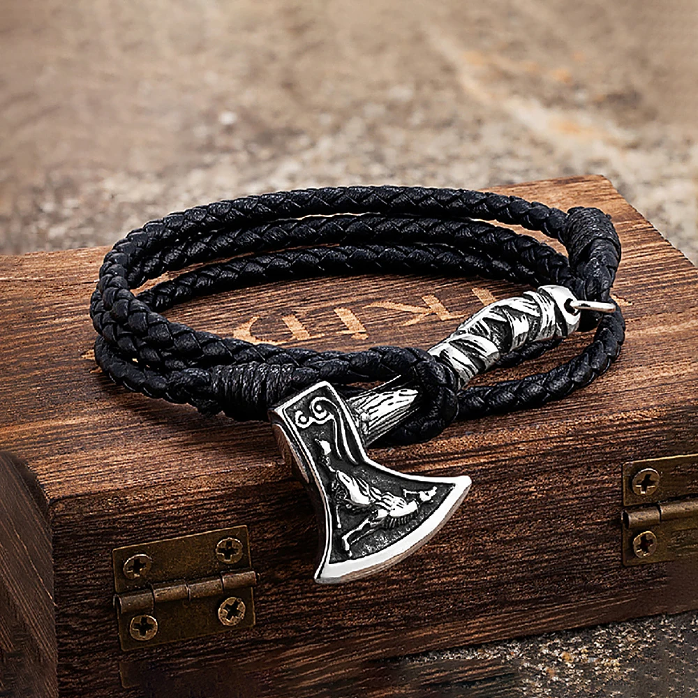 Mens Stainless Steel Vikings Axe Bracelet Leather Wolf Amulet Handmade Bracelet For Men Women Biker Outdoor Fashion Jewelry Gift