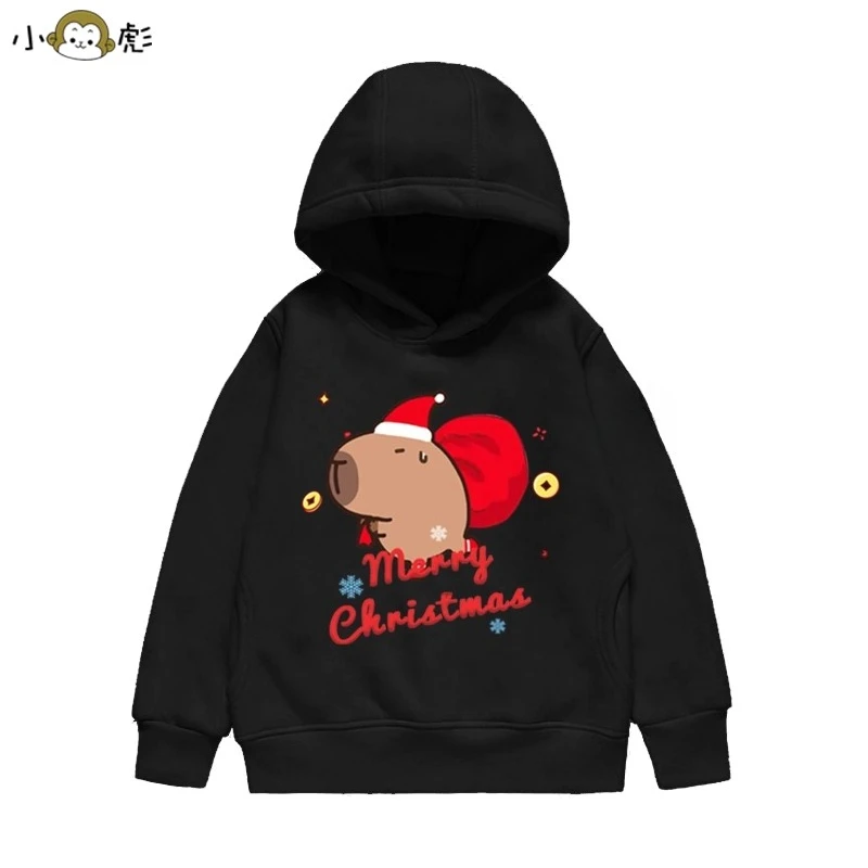 Felpa con cappuccio natalizia con stampa capibara carina per bambini autunno e inverno, pullover comodo da esterno per ragazzi e ragazze