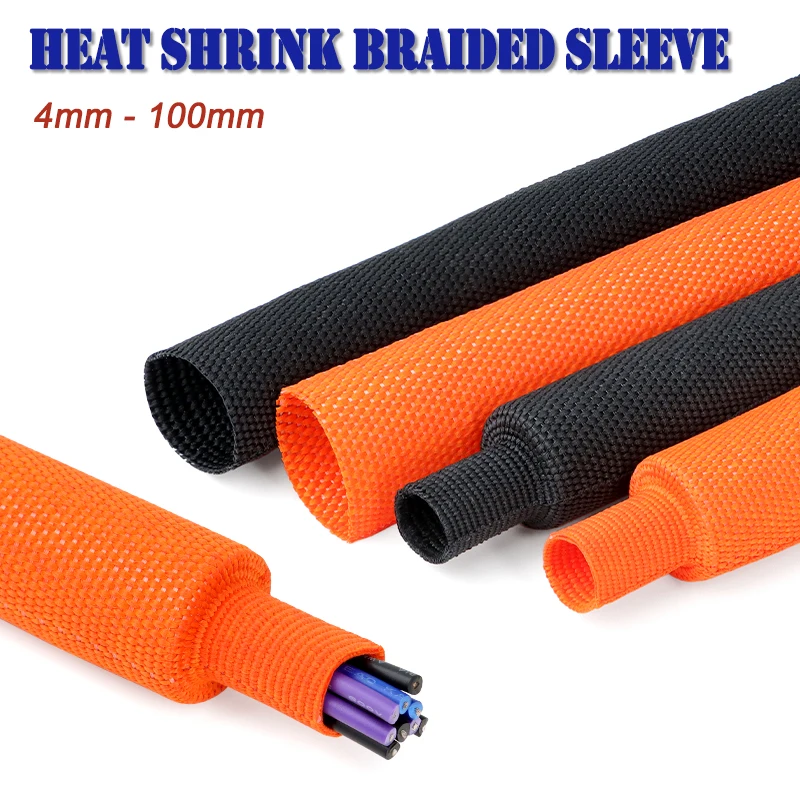 1/10m PET Braided Heat Shrink Sleeve 4mm - 100mm Flame Retardant Shrinkable Cable Wrap for Wire Harness Protection Organizatio