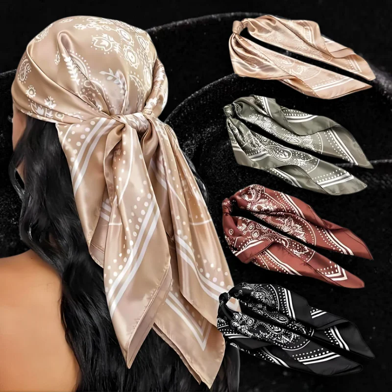 European Style Multicolored Vintage Hair Scarf Satin Cashew Patterned Square Scarf Head Scarf Lightweight Silk Scarf Shawl