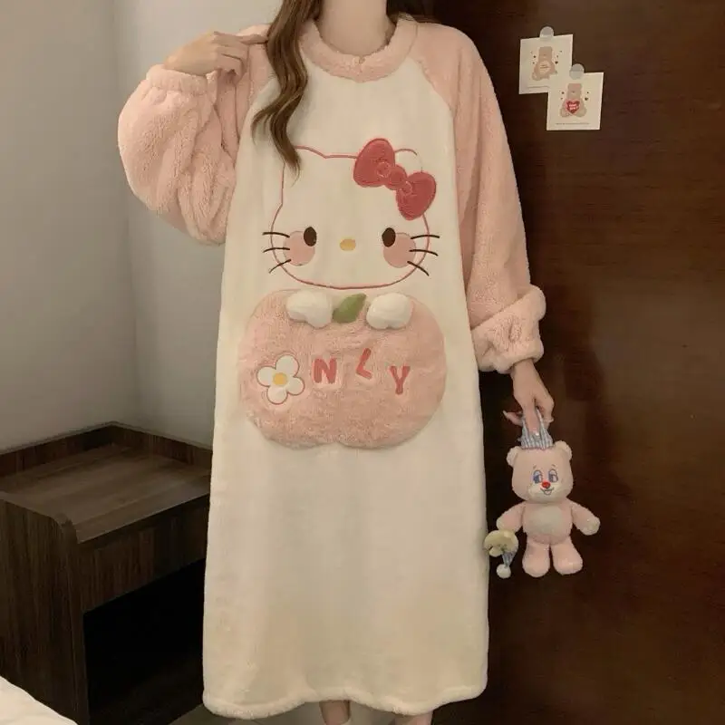 Winter Nightgown Hello Kitty Women's Autumn Winter Coral Velvet Thickened Warm Pajamas Flannel Cute Cartoon Home Clothes Ins view 3