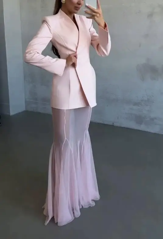 

Two Piece Set Women Outfit 2026 New Spring Solid Color Temperament Commuter Long Sleeve Coat & Sexy Mesh Perspective Skirt Set