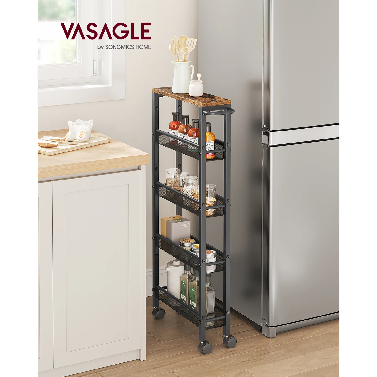 VASAGLE 5-shelf trolley with castors. Steel frame, handle. Ideal for small spaces. Perfect for kitchen, bathroom, living room