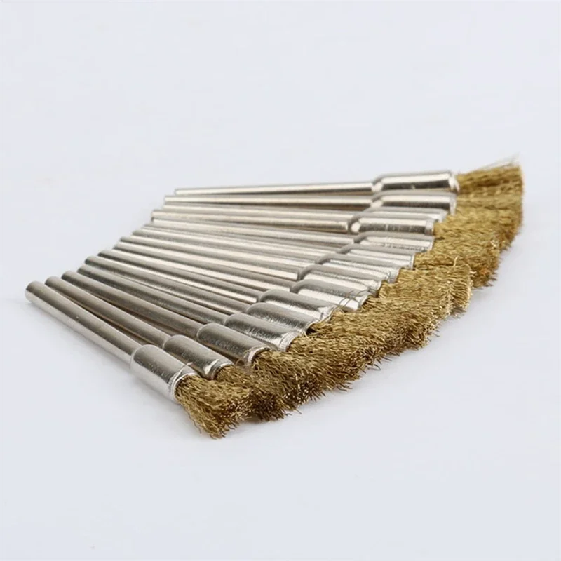 10Pcs Pencil Brushes Copper Wire Mounted Wire Wheel 3.17mm Shank Mandrel Set for Polishing Cleaning Deburring Power Rotary Tools