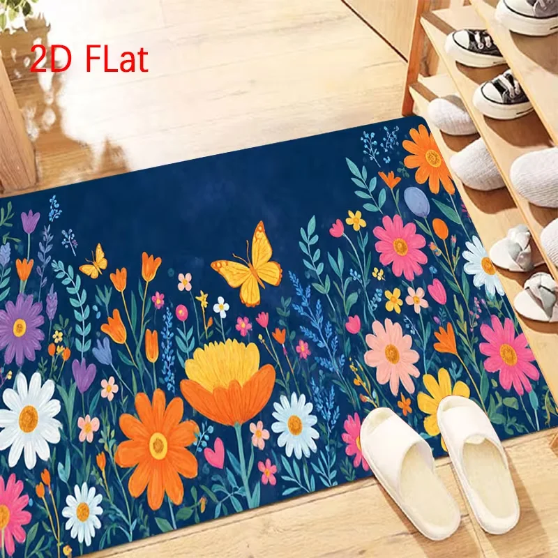 Dark Blue Background Wildflower Butterfly Doormat Colorful Meadow Floral Print Non Slip Entry Mat For Porch Kitchen