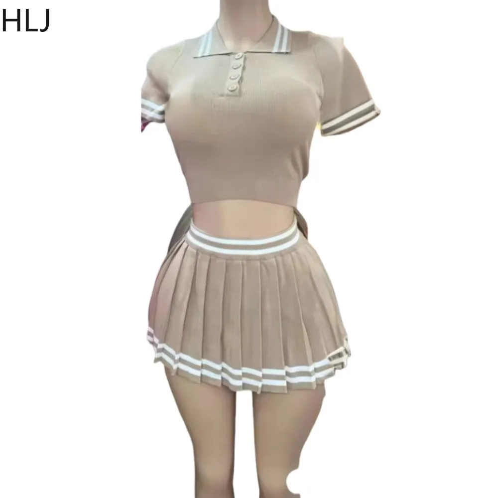 HLJ Y2K Fashion Knitting Mini Pleated Skirts Two Piece Sets Women Turndown Collar Short Sleeve Slim Crop Top And Skirts Outfits