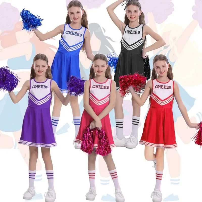 

Girls Cheerleading Cosplay Costume Five Colors CHEERS Sleeveless Soccer Cheerleader Outfit School Cheer Cos Skirt Performance