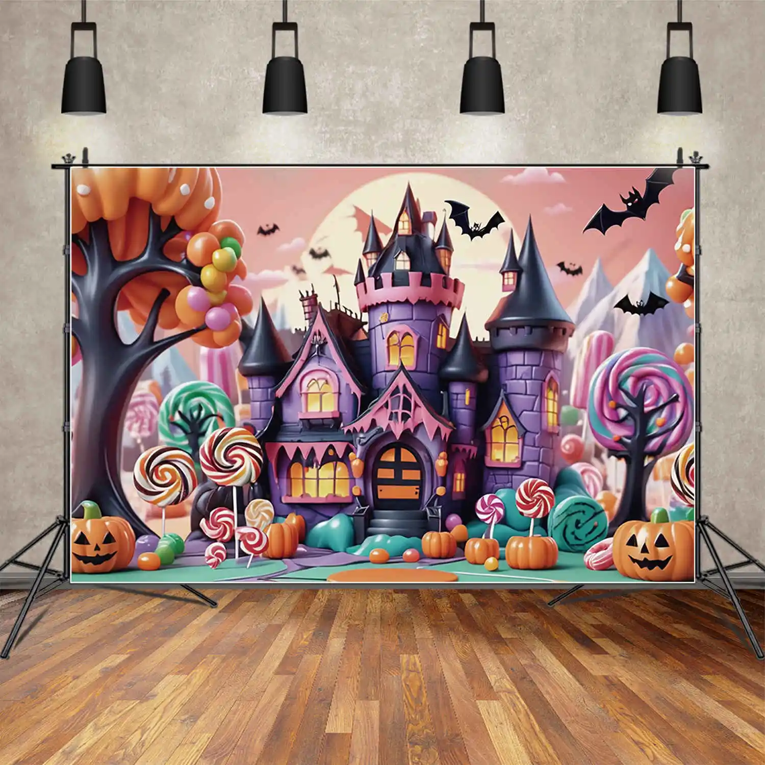 MOON.QG Halloween Party Photography Studio Backdrop Pumpkin Candy Castle Photo Background Baby House Decor Back Drop Supplier