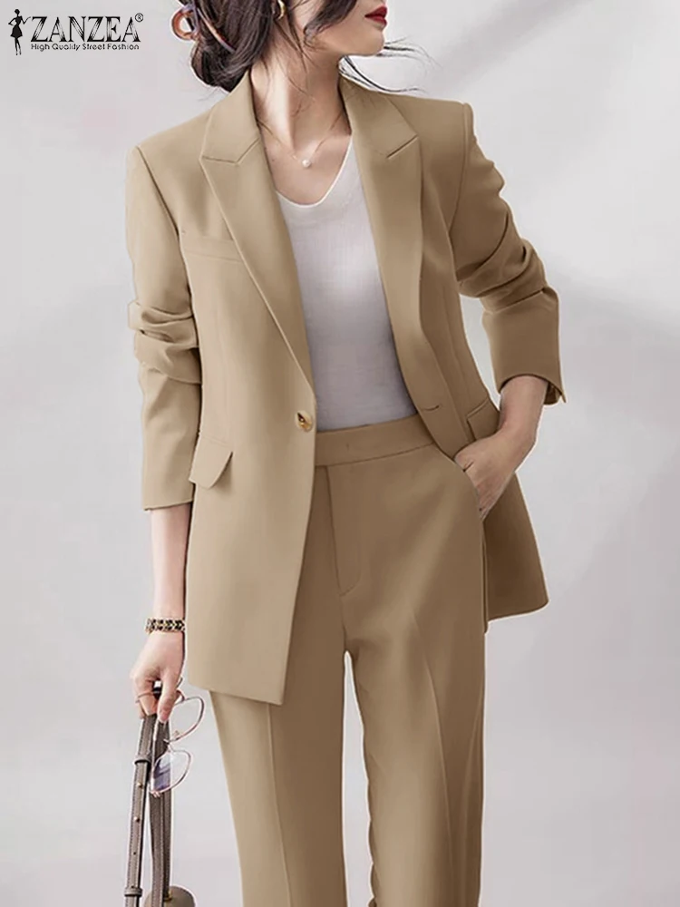 2PCS ZANZEA Elegant Women Autumn Fashion Lapel Neck Long Sleeve Blazer Suits Outifits Office OL Work Pants Sets Tracksuit