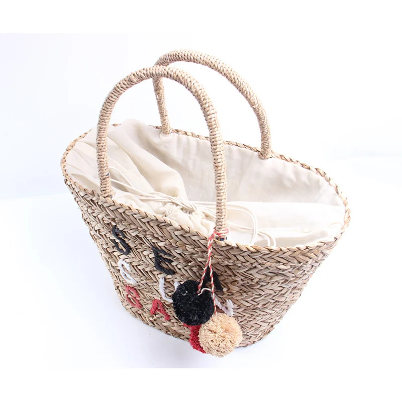 Wicker Woven Big Women Handbags Casual Letters Tassel Rattan Basket Bag Summer Beach Straw Bucket Bag Big Tote Bali Purses