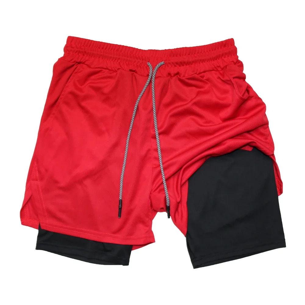 Pantalones cortos deportivos de doble capa para hombre, secado rápido, 2 en 1, deportes, entrenamiento de gimnasia, entrenamiento, trote, doble cubierta, equipo de Fitness de verano