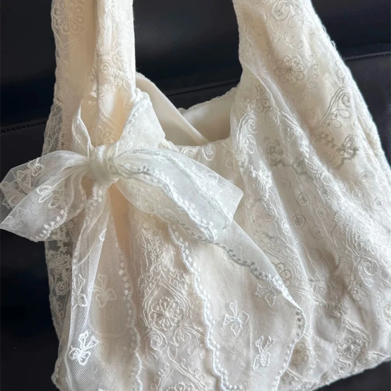 Korean Style Fresh Lace Flower Canvas Tote Bag Women's Large Capacity Single Shoulder Commuter Armpit Bag College Style