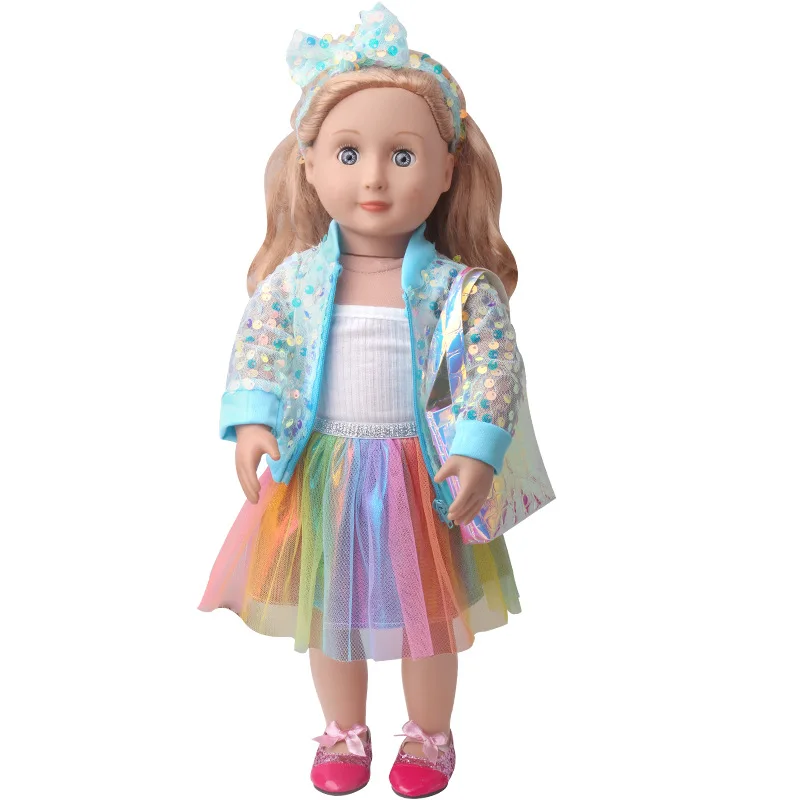 18 Inch Doll Sequins Streetwear Outfit Including Hair Band + Vest +Jacket + Gauze Skirt Holiday Gifts For Girl 43cm Newborn Doll