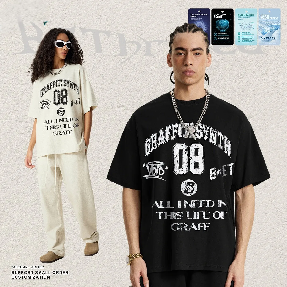 T-Shirt black and white Street Graffiti Academic Style Loose Drop Shoulder sport style