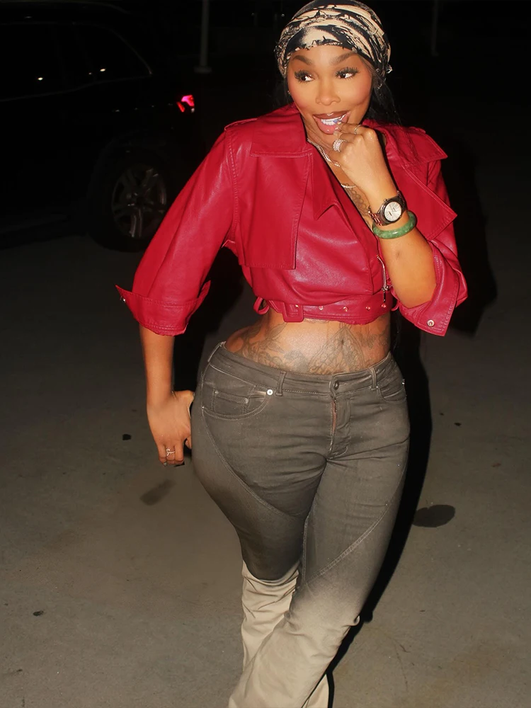 

Sisterlinda, роскошная укороченная куртка из искусственной кожи, женская осенняя одежда с глубоким v-образным вырезом, элегантный ремень с пряжкой на молнии и длинными рукавами, уличная офисная классическая одежда