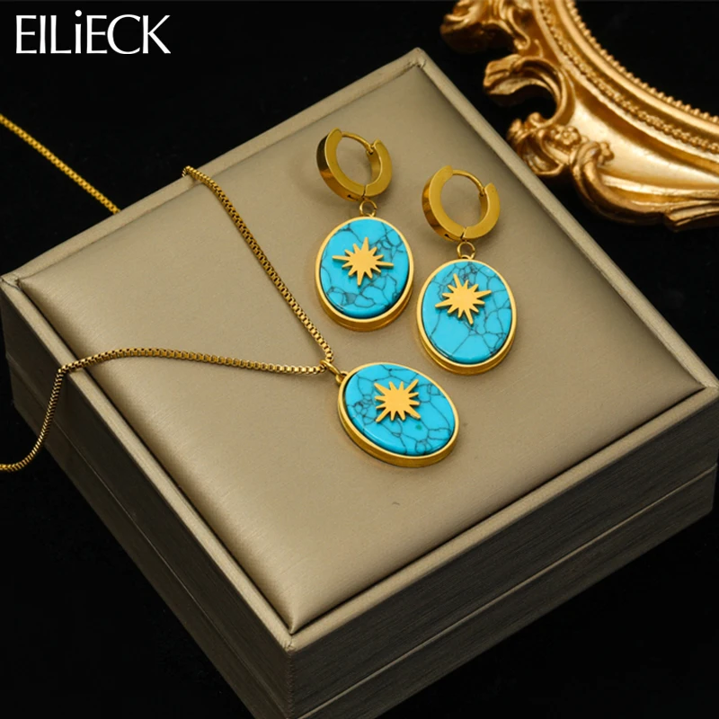 EILIECK 316L Овальный зеленый камень звезда бабочка кулон ожерелье серьги для женщин Винтажный дизайн ювелирный набор подарок