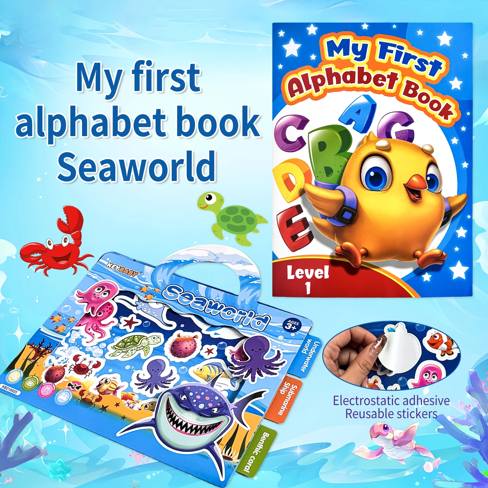 Kids Educational Book Set Seaworld Reusable Sticker Book + My First Alphabet Tracing Workbook Early Learning Workbo for 3+ Years