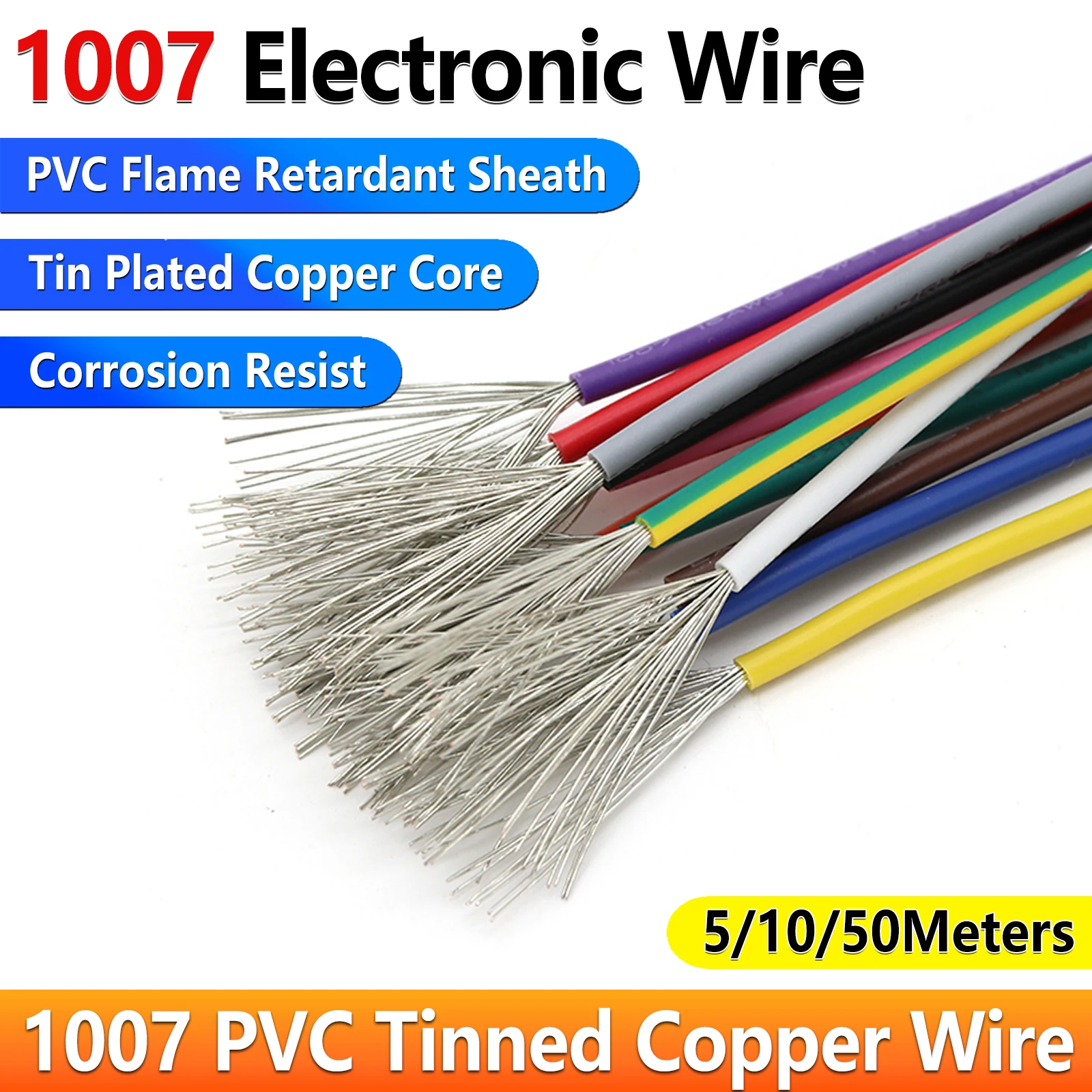 

5/10/50M 1007 PVC Tinned Copper wire 1007 electronic wire 30 28 26 24 22 20 18 16AWG Insulated Tin-plated Copper DIY LED Cable