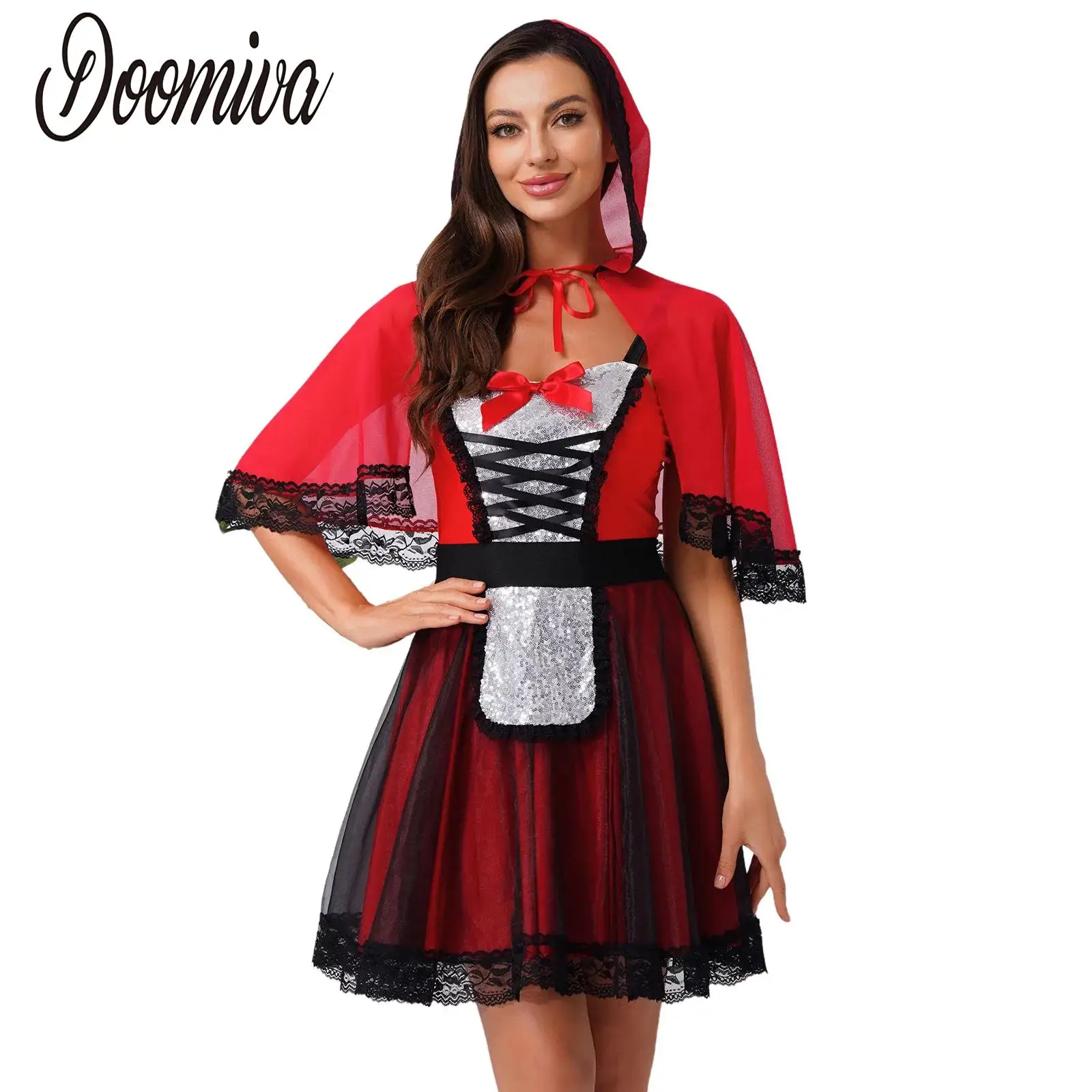 

Halloween Women Bloody Bride Cosplay Costume Outfits with Red Hood Cape Bow Sequin Sling Dress Fancy Dress Up Carnival Costume