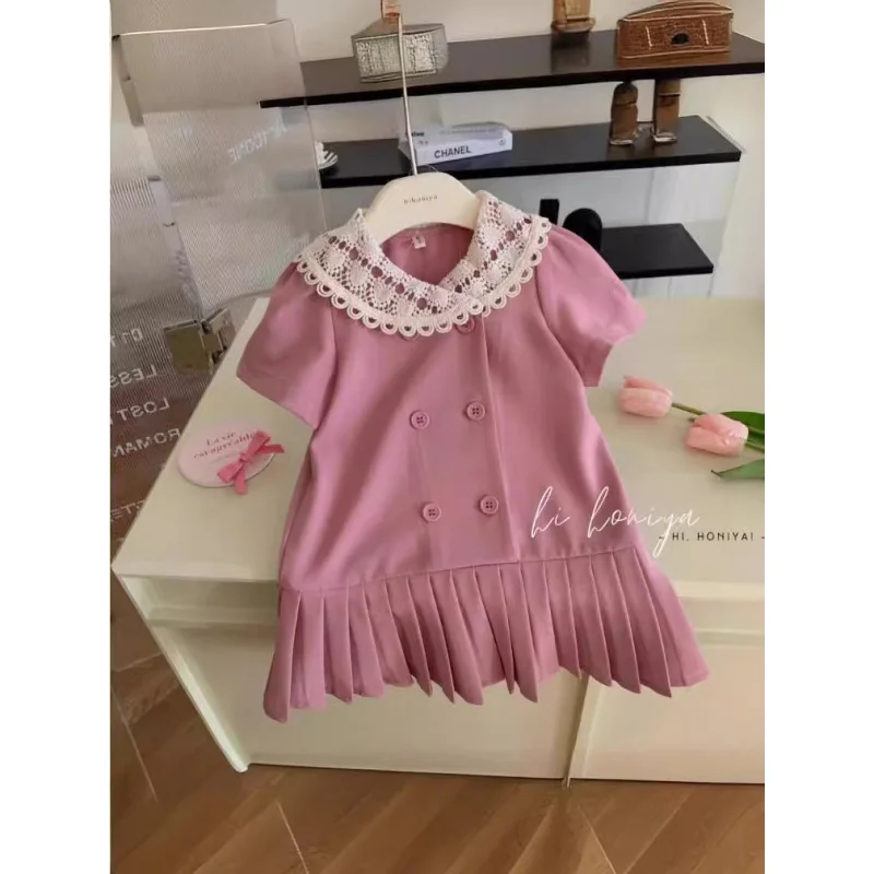 

2025Summer Girls' Doll Collar Pleated Dress Baby Girl Lace Collar Casual Short Sleeve Suit Dress
