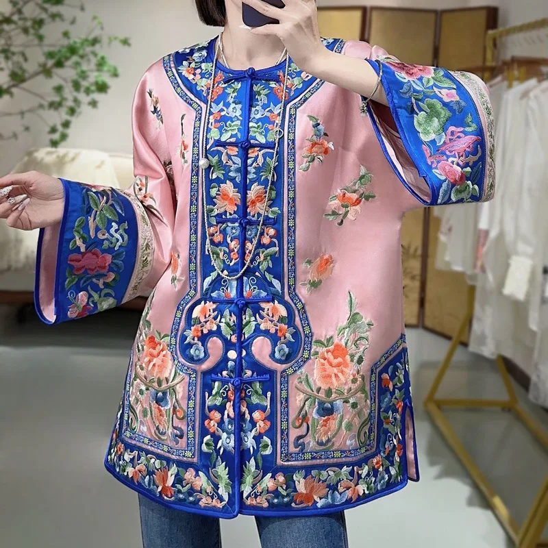 

High-end Acetate Women Jacket Top Embroidery Tang Suit Elegant Lady Loose Coat Female S-XXL