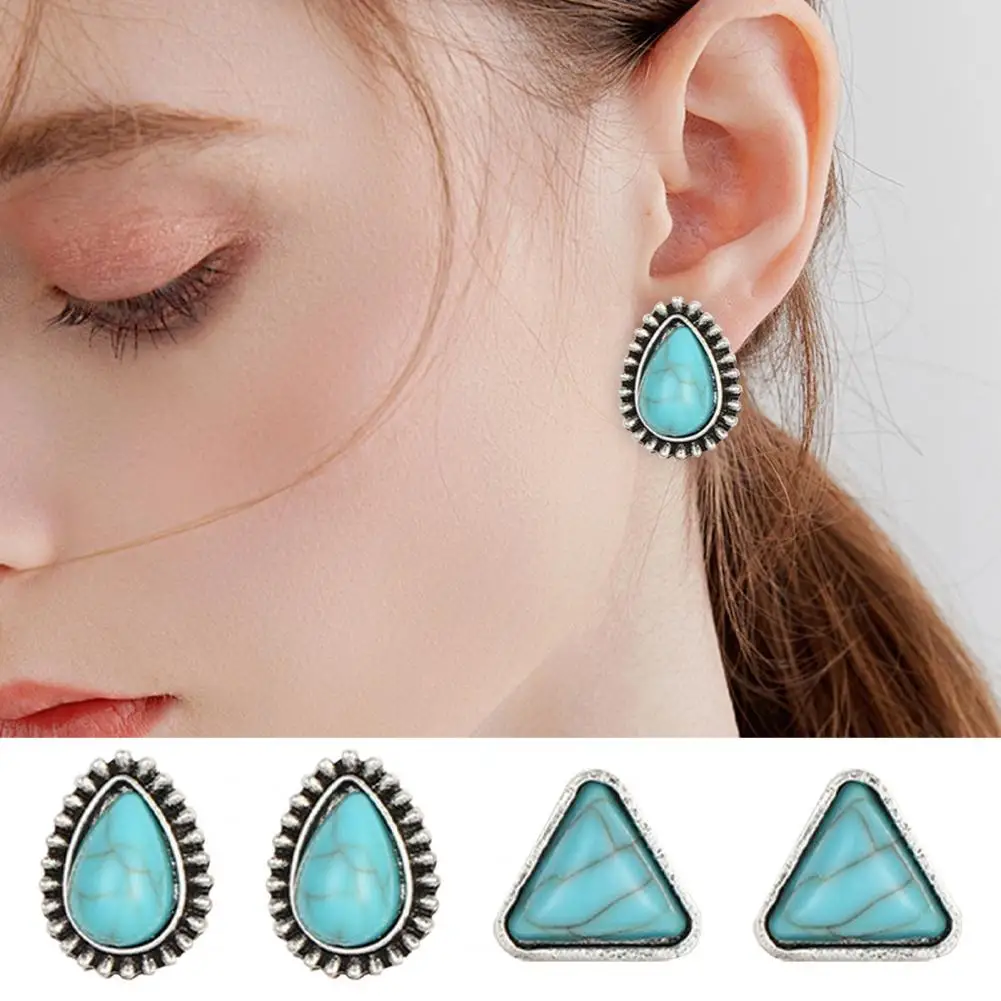 4 Pairs Women Geometric Shape Ear Studs Boho Faux Turquoise Stud Earrings Vintage Ethnic Style Jewelry Gift