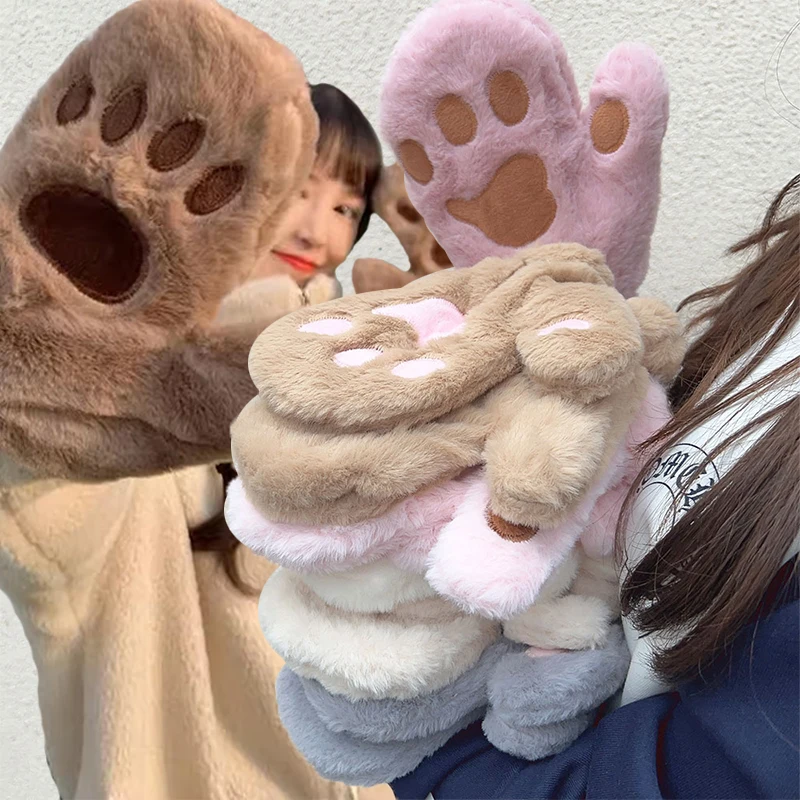 

Korean Versatile All Finger Super Soft Cute Plush Cat Claw Gloves Lovely Plush Thickened Fasionable Gloves Winter Comfortable