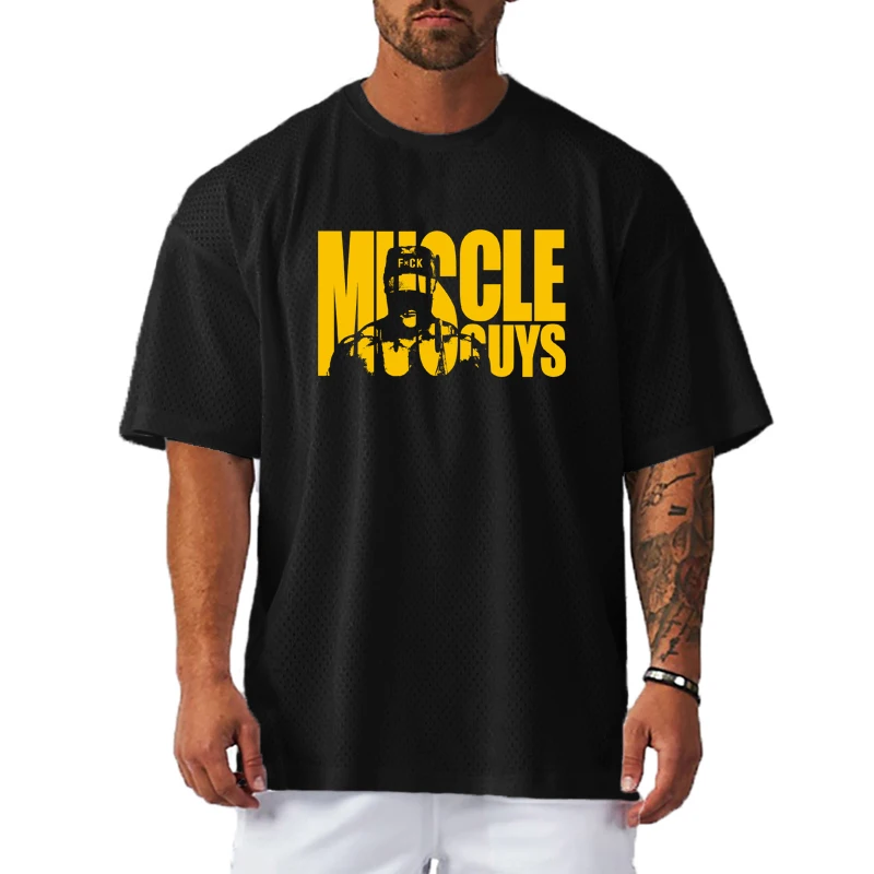 Polyester Mesh Mens Short Sleeve T-shirt Gym Fitness Muscle Bodybuilding Casual Clothing Summer Quick Dry Oversized Loose Shirts