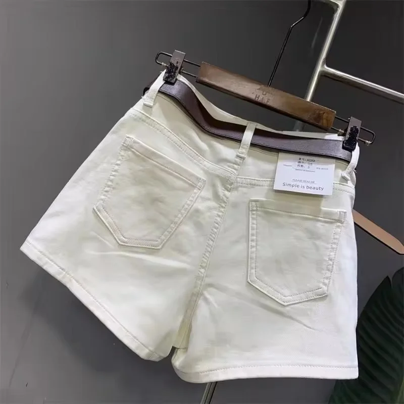 Weiße vielseitige Denim-Shorts mit Reißverschluss und hoher Taille, Sommer, lose Taschen, weites Bein, Jeans für Damen, lässige heiße Hosen, schlanke Damen-Jeans