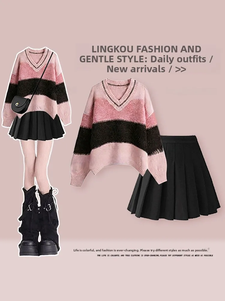 

Large Size Autumn Winter College Style Knitted Sweater And High Waist Skirt Set V Neck Two Piece Korean Fashion Ensemble