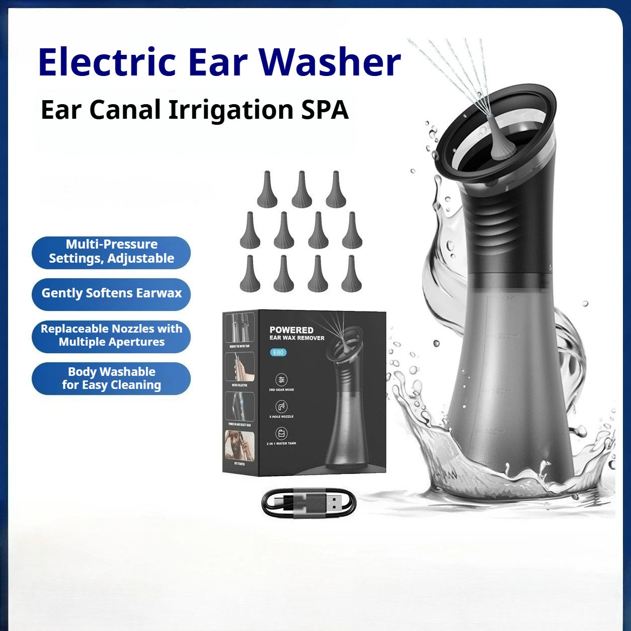 Electric Ear Cleaning Device Water Powered Ear Cleaning Tool with Irrigation Flusher 3 Pressure Set Effective Ear Irrigation Kit