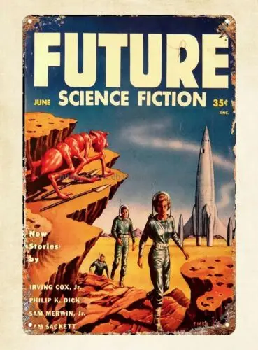 Future science fiction pulp magazine cover art 1954 metal tin sign wall decor