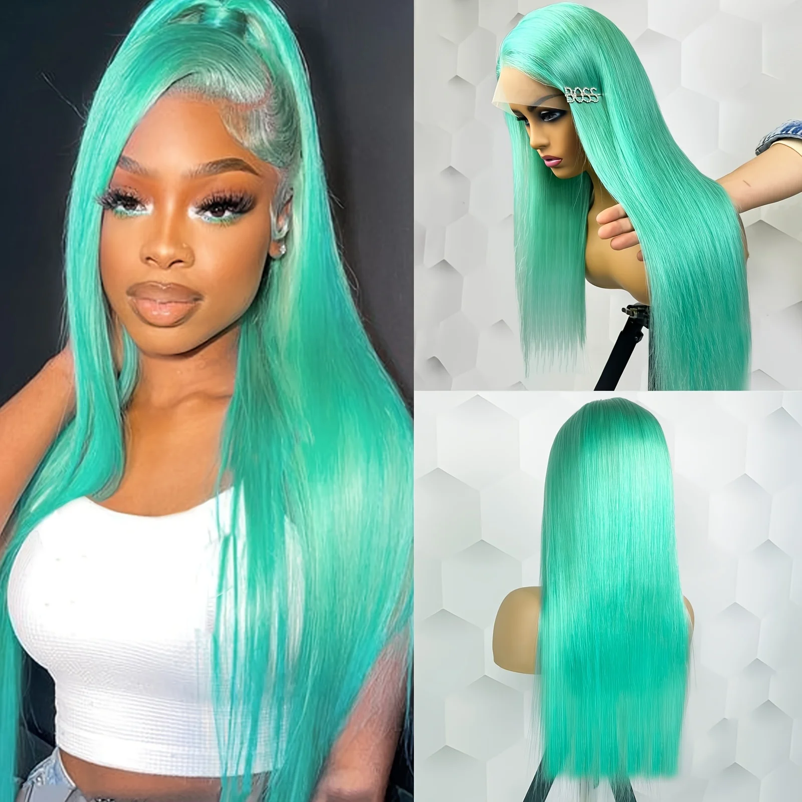 EQ الشعر العظام مستقيم النعناع الأخضر 13x4 الدانتيل الشفاف الجبهة الباروكات شعر الإنسان الطاووس الأخضر عذراء البرازيلي خصلات الشعر المستعار الإنسان