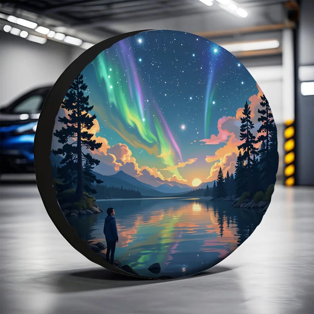 1pc 2D Flat-Printed Tire Cover Featuring A Starry Night Sky With Trees, Made From 100% Polyester, Suitable For Picnic Use On Cam
