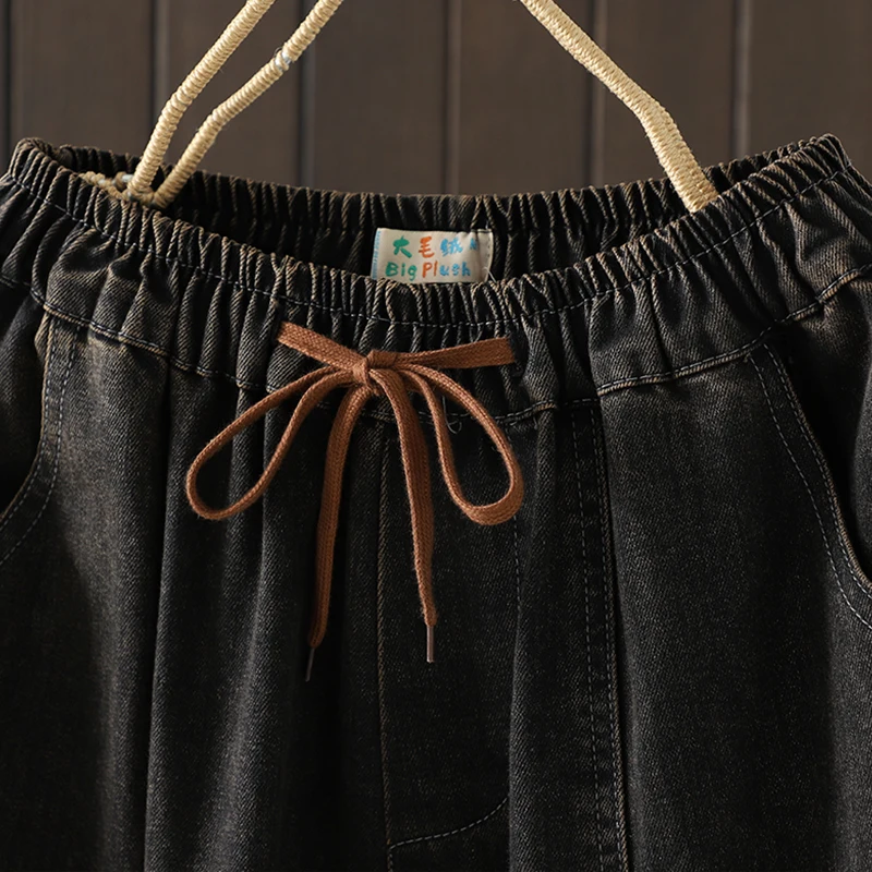 Celana Harem Denim Bordir Tebal 9-Length Patchwork Kasual Katun Campuran Bla Jeans untuk Wanita Ukuran Besar
