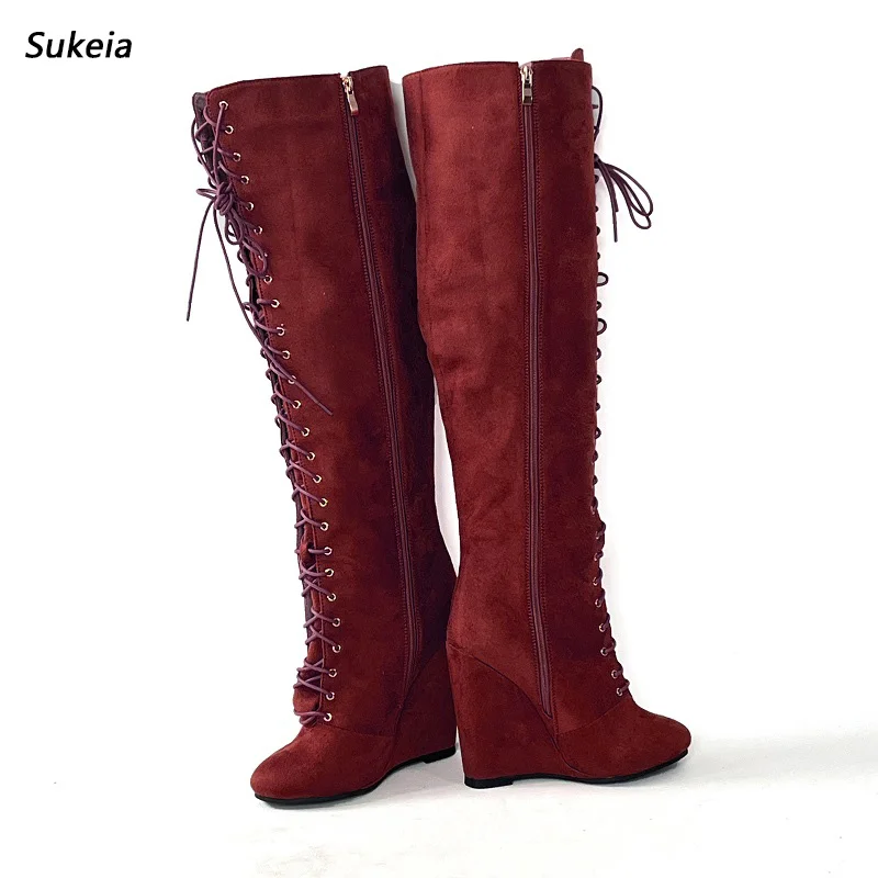 Sukeia New Women Winter Knee Boots Wedges Heels Round Toe Beautiful Wine Red Party Shoes Ladies US Size 5-20