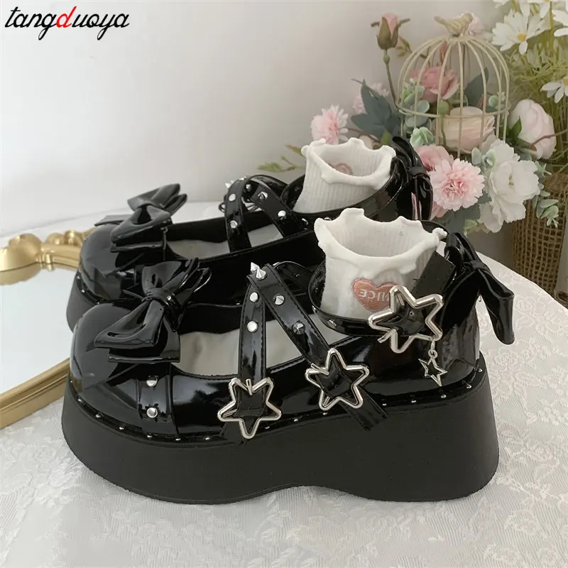 Hot Girl Punk JK Bow Star buckle Lolita shoes Black Platform Shoes New Fashion Sweet Y2k Elegant Mary Jane Shoes Women Pumps