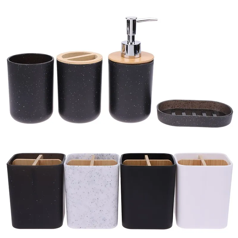 1Pc Black Bathroom Accessories Plastic Toothbrush Holder With Bamboo Cover Toothbrush Cup Lotion Dispenser Soap Box