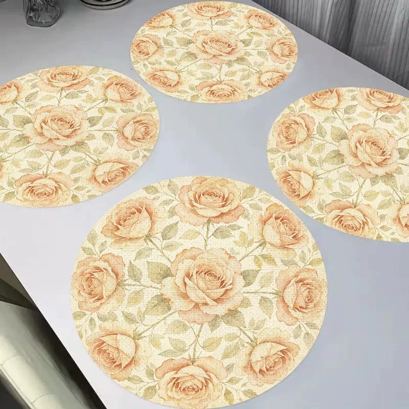 VIKAMA Retro Vintage Vintage Rose Round Linen Placemat Heat-Insulating And Wear-Resistant Dining Table Mat Desktop Decoration
