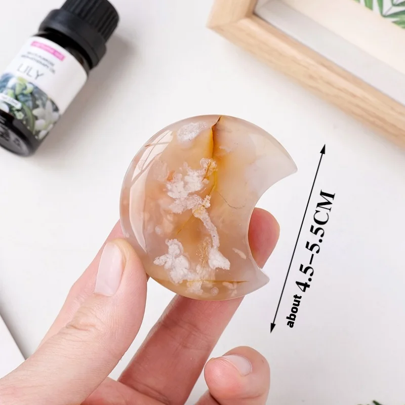 Natural Cherry Blossoms Agate Moon Play Crystal Raw Stone Polishing Geometric Carving Home Decoration Diy Pendant