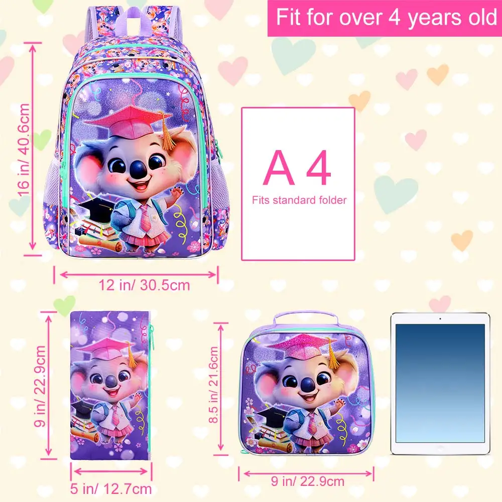 3-teilige Koala-Büchertasche für Mädchen, 40,6 cm großer Kinderrucksack mit Lunchbox, Grundschul-Schultasche für Kleinkinder – Lila Dr. Koala