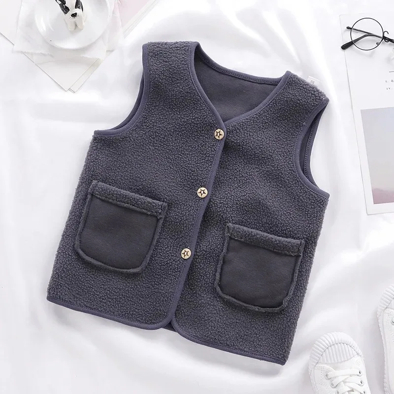 Toddler Baby Boys Girls Short Fleece Vest 2024 Kids Children Autumn Winter Brushed Cardigan Jacket Warm Casual Solid 3-8 Years