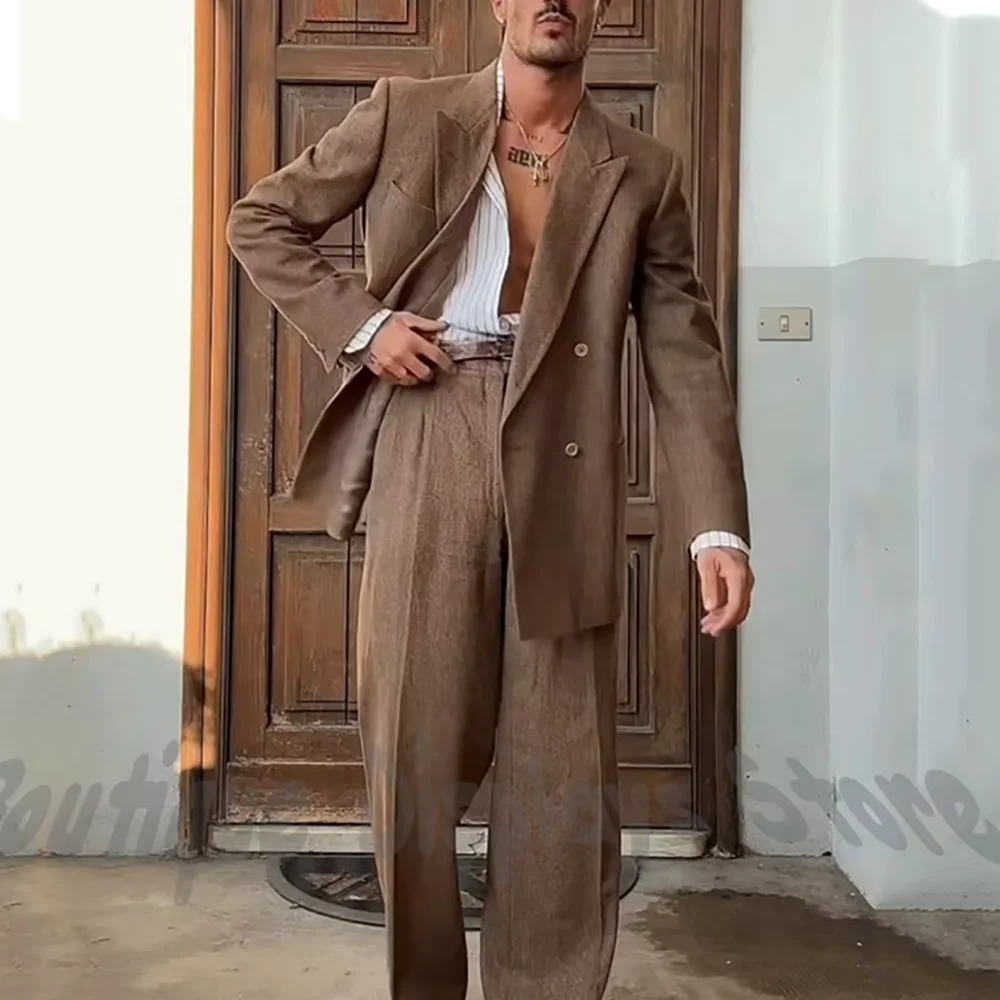

Gentleman Brown Blazer Suit For Men Chic Peaked Lapel Double Breasted Regular Length Jacket Pants Dinner Business Office Outfit
