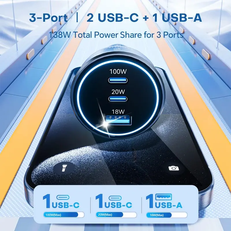 Asometech 138w Car Charger Usb Type C Gan 100w 65w 45w 20w Pps Pd Qc3.0 thumbnail 3