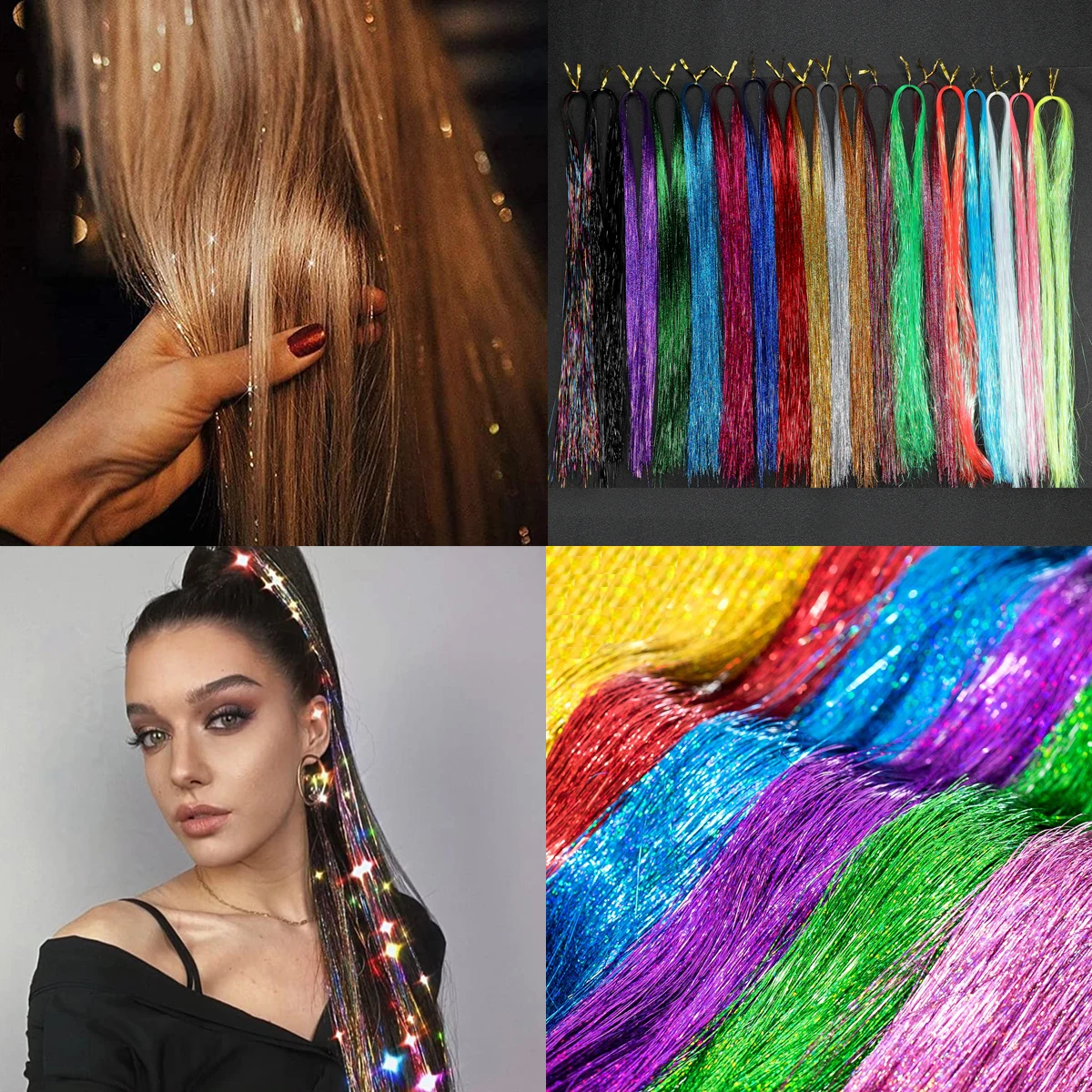 Oropel brillante para el cabello, hebras de colores, tocados para niñas, horquilla para el cabello, accesorios para el cabello falso láser, extensiones decorativas, tiras con purpurina