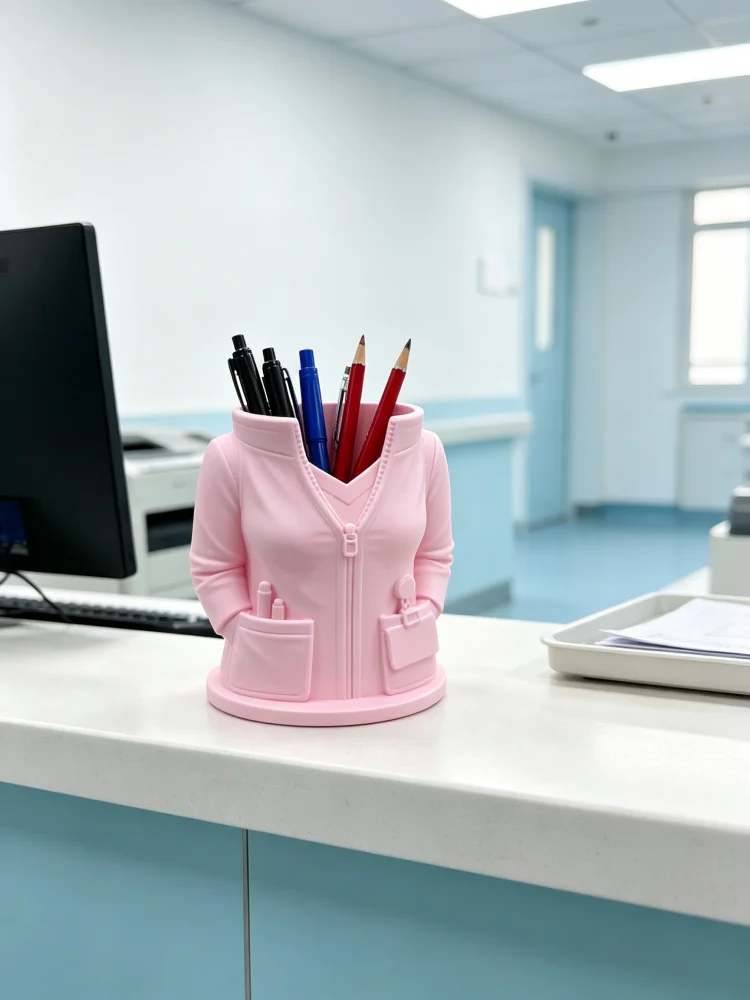 Pink Nurse Uniform-Style Creative Pen Holder, 3D Printed Medical Uniform Design Pen Cup with Stethoscope Detail, Zipper Pocket, 3D Design, Matte Pink Pla Material, Cute Girly Style, Medical Aesthetic Desktop Organizer, Multifunctional Stationery Storage Tube, Desktop Storage Rack, Suitable for Nurse Station, Clinic, Hospital, Office Desk Organization, Small Space Storage, Nurse Doctor Medical Student Graduation Nurse Week Birthday Appreciation Gift for Colleagues