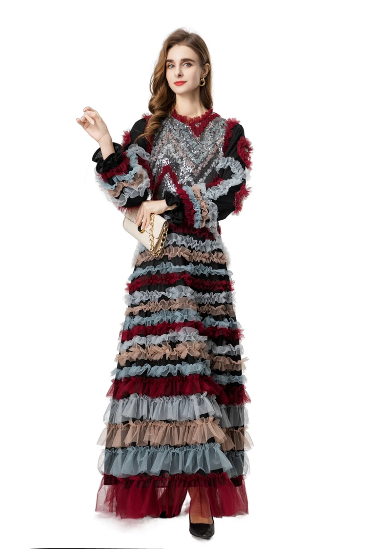 Stunning Multicolor Sequin & Ruffle Trimmed O Neck Long Sleeve Maxi Dress with Multi -Tiered Tulle Skirt Party Prom Gown Vestido